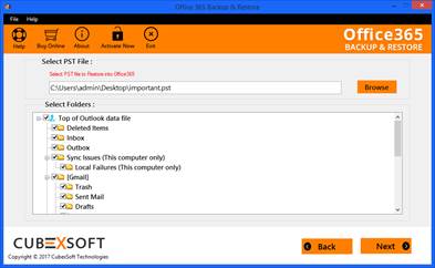 select PST files to restore Office 365 mailbox from desktop