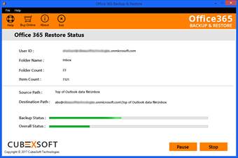 View green progess bar to preview status of Office 365 restore process, in batch