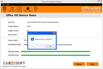 finished Office 365 restore mail folder process