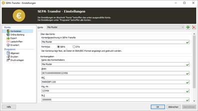 Screenshot SEPA-Transfer Konten-Einstellungen