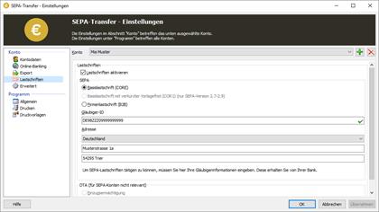 Screenshot SEPA-Transfer Lastschriften-Einstellungen