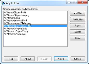 Select source image files or icon library files
